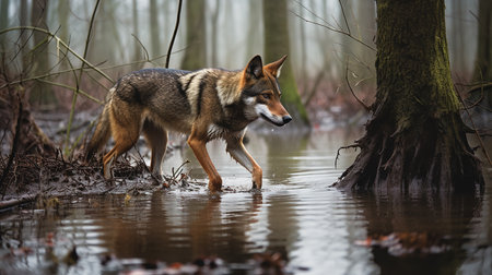 A dynamic, action-filled photograph depicts a Red wolf on patrol, wading through the murky waters of an American swamp land.の素材