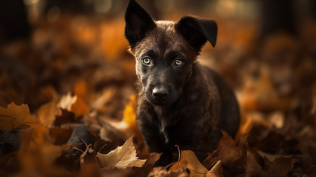 An enchanting, high-resolution photograph captures a Dutch Shepherd puppy being introduced to the forest, sniffing the rich earth and fallen leaves with interest.の素材