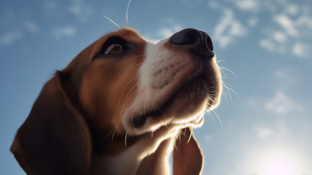 A touching, close-up photograph portrays a Beagle puppy's first howl at the backyard, its snout pointed towards the clear blue sky.の素材