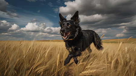 An exhilarating, wide-angle photograph portrays a Mudi, a rare dog breed, during a swift run across the expansive Hungarian steppes, emphasizing its speed and agility.の素材