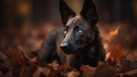 An enchanting, high-resolution photograph captures a Dutch Shepherd puppy being introduced to the forest, sniffing the rich earth and fallen leaves with interest.の素材