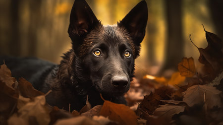 An enchanting, high-resolution photograph captures a Dutch Shepherd puppy being introduced to the forest, sniffing the rich earth and fallen leaves with interest.の素材