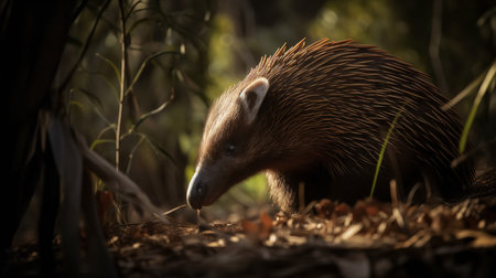 A vibrant, close-up photograph captures a Spiny Anteater or Echidna meticulously hunting for food in the dense undergrowth of the Australian bush.の素材