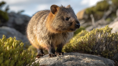 An endearing, candid photograph depicting a playful Quokka frolicking freely amongst the coastal scrub of Rottnest Island, bathed in the warm midday sun.の素材