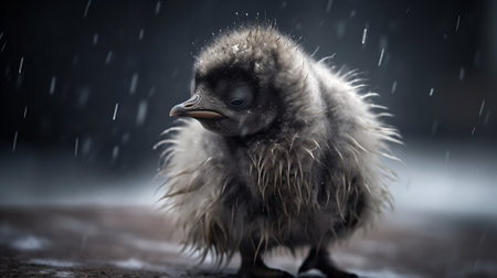 An atmospheric, high-definition photograph presents a Penguin chick standing steadfast amidst the chilling Antarctic winds, its downy feathers ruffling.の素材