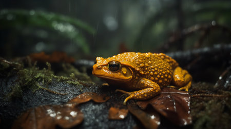 An eerie, close-up photograph documents the final Golden Toad in its natural habitat of the Costa Rican misty forest, a sorrowful symbol of a species lost to extinction.の素材