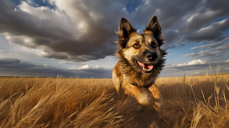 An exhilarating, wide-angle photograph portrays a Mudi, a rare dog breed, during a swift run across the expansive Hungarian steppes, emphasizing its speed and agility.の素材