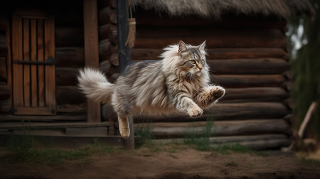 An action-packed, high-resolution photograph showcases a Kurilian Bobtail, a rare cat breed, during a graceful leap across a rustic Russian dacha, emphasizing its agility and playful nature.の素材