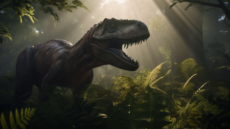 A stunning, high-resolution artistic representation portrays a mighty Tyrannosaurus Rex asserting dominance amidst the dense vegetation of the Late Cretaceous period.の素材