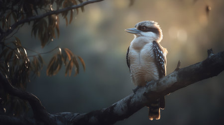 This atmospheric photograph captures the moment a Kookaburra, perched high atop a Gum tree, issues its distinct call into the soft light of early morning.の素材