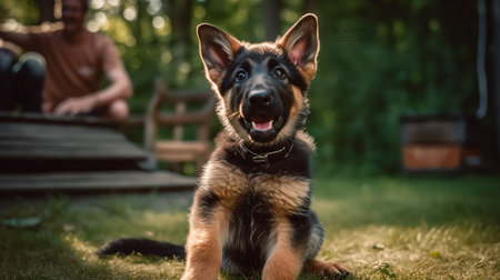An inspiring, high-resolution photograph captures a German Shepherd puppy's first training session, showing tentative steps and an eager expression in the yard.の素材