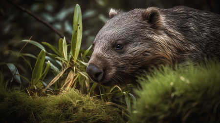 An intimate, high-resolution photograph capturing a solitary wombat foraging among the vibrant green vegetation of the Tasmanian wilderness. The brown fur of the wombat stands out against the verdant backdrop, creating a powerful contrast.の素材