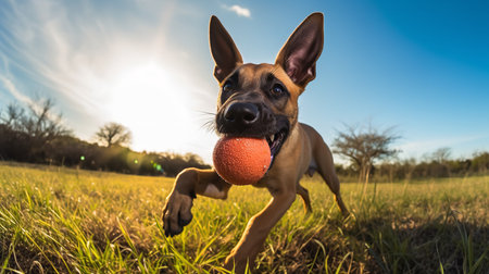 A playful, wide-angle photograph presents a Belgian Malinois puppy during playtime, chasing a colorful ball across the field with boundless energy.の素材