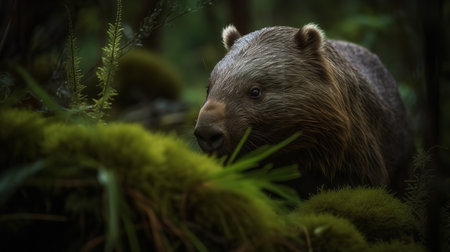 An intimate, high-resolution photograph capturing a solitary wombat foraging among the vibrant green vegetation of the Tasmanian wilderness. The brown fur of the wombat stands out against the verdant backdrop, creating a powerful contrast.の素材