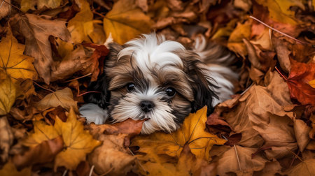 An enchanting, high-resolution photograph shows a Shih Tzu puppy's first romp in a pile of autumn leaves, its fur contrasting beautifully with the vibrant colors.の素材