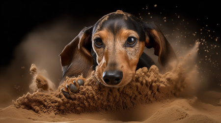 An engaging, action-packed photograph captures a Dachshund puppy's first dig in the sand, its snout and paws dusted with grains.の素材