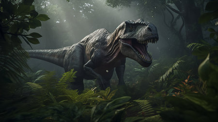 A stunning, high-resolution artistic representation portrays a mighty Tyrannosaurus Rex asserting dominance amidst the dense vegetation of the Late Cretaceous period.の素材