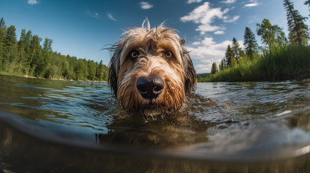 An exuberant, wide-angle photograph portrays an Otterhound, a rare dog breed, during a joyful dive in a serene lake, emphasizing its water-loving nature.の素材