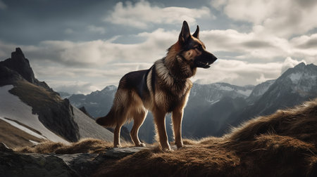 An action-packed, high-resolution photograph showcases a Chinook, a rare dog breed, during an adventurous trek across an Alpine landscape, highlighting its strength and endurance.の素材