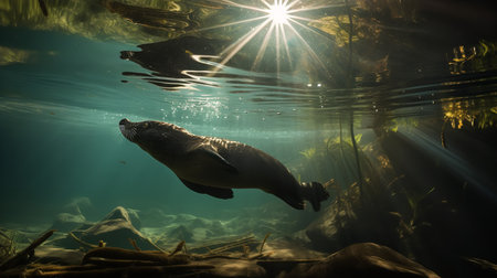 This stunning underwater photograph shows a Platypus diving gracefully in a crystal clear creek, its body silhouetted against the dappled sunlight filtering through the water surface.の素材