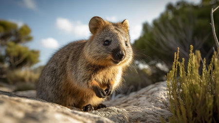 An endearing, candid photograph depicting a playful Quokka frolicking freely amongst the coastal scrub of Rottnest Island, bathed in the warm midday sun.の素材