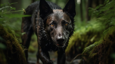An intense, high-speed photograph depicts a Dutch Shepherd during search and rescue training, purposefully navigating the dense undergrowth of a forest.の素材