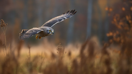 An action-filled, high-resolution photograph portrays a Merlin during a chase in the autumn countryside, reflecting its speed and agile hunting techniques.の素材