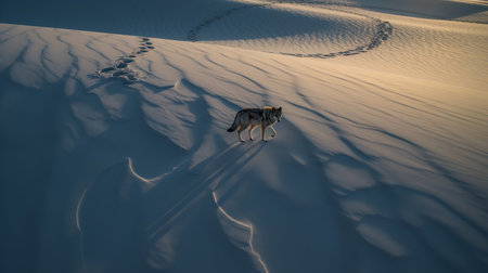 An exhilarating, high-resolution photograph captures a Gray wolf on a solo hunt, moving like a shadow across the snowy tundra.の素材