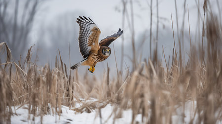 An impressive, high-resolution photograph captures a Northern Harrier during a ground swoop in a winter marsh, highlighting its ground-hunting method and tenacious nature.の素材