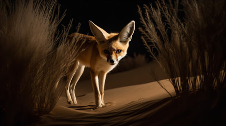 An evocative, low-light photograph presents a Fennec fox engaging in night-time foraging activities in the sweeping dunes of the Sahara Desert.の素材