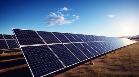 An array of solar panels with visible circuits glowing with blue light, the panels are positioned under a brilliant blue sky, symbolizing the future of renewable energy through technology.の素材