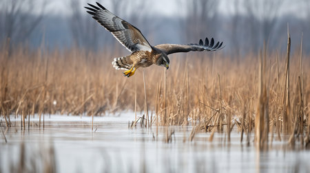 An impressive, high-resolution photograph captures a Northern Harrier during a ground swoop in a winter marsh, highlighting its ground-hunting method and tenacious nature.の素材