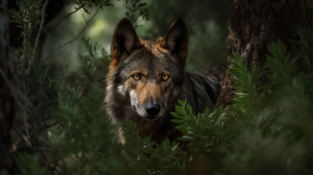 An intense, high-resolution photograph portrays an Iberian wolf in a stealthy stalk amidst the dense foliage of a Spanish forest, reflecting its elusive and wild nature.の素材