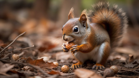 An endearing, high-resolution photograph documents a baby squirrel's first nut hunt in a suburban park, its bushy tail quivering with excitement.の素材