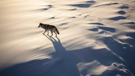 An exhilarating, high-resolution photograph captures a Gray wolf on a solo hunt, moving like a shadow across the snowy tundra.の素材