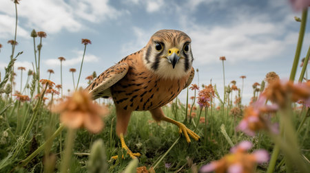A striking, wide-angle photograph showcases a kestrel during a hover in a springtime meadow, emphasizing its remarkable flight control and hunting efficiency.の素材