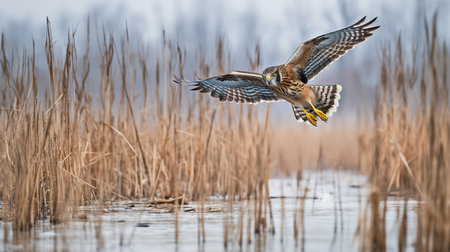 An impressive, high-resolution photograph captures a Northern Harrier during a ground swoop in a winter marsh, highlighting its ground-hunting method and tenacious nature.の素材