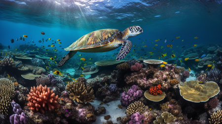 An underwater photograph capturing a sea turtle gracefully gliding through the iridescent coral formations of the Great Barrier Reef, with an array of colourful tropical fish flitting in the background.の素材