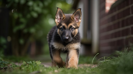 An inspiring, high-resolution photograph captures a German Shepherd puppy's first training session, showing tentative steps and an eager expression in the yard.の素材