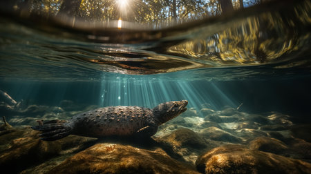 This stunning underwater photograph shows a Platypus diving gracefully in a crystal clear creek, its body silhouetted against the dappled sunlight filtering through the water surface.の素材