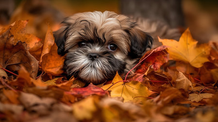 An enchanting, high-resolution photograph shows a Shih Tzu puppy's first romp in a pile of autumn leaves, its fur contrasting beautifully with the vibrant colors.の素材