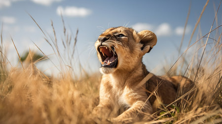 An emotive, high-definition photograph captures a Lion cub's first roar in the golden grasslands of the African Savannah, the sound reverberating under the clear blue sky.の素材