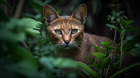 An intense, high-resolution photograph captures a Chausie, a rare cat breed, in a stealthy stalk amidst the dense foliage of an urban garden, showcasing its wild ancestry.の素材