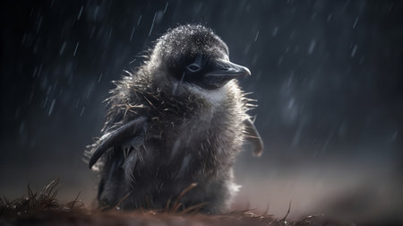 An atmospheric, high-definition photograph presents a Penguin chick standing steadfast amidst the chilling Antarctic winds, its downy feathers ruffling.の素材
