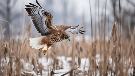 An impressive, high-resolution photograph captures a Northern Harrier during a ground swoop in a winter marsh, highlighting its ground-hunting method and tenacious nature.の素材