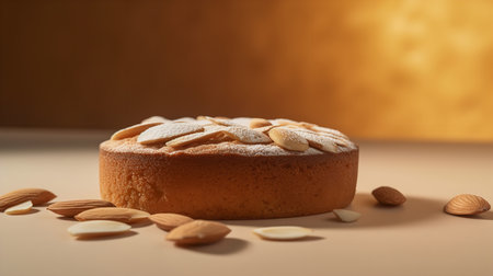Close-Up Photography of a perfectly round Almond Cake against a bright almond-colored backgroundの素材