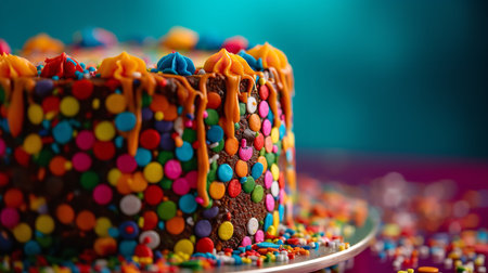 Close-Up Photography of a perfectly round Confetti Cake against a bright multicolor backgroundの素材