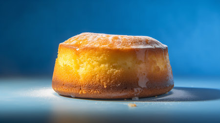 Close-Up Photography of a perfectly round Lemon Drizzle Cake against a bright blue backgroundの素材