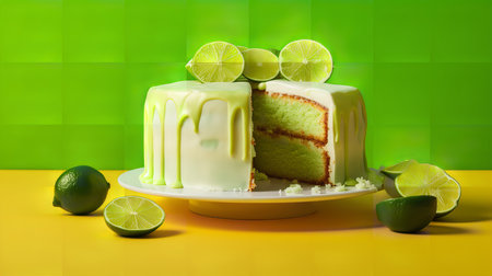 Close-Up Photography of a perfectly round Key Lime Cake against a bright lime-colored backgroundの素材