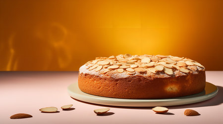 Close-Up Photography of a perfectly round Almond Cake against a bright almond-colored backgroundの素材
